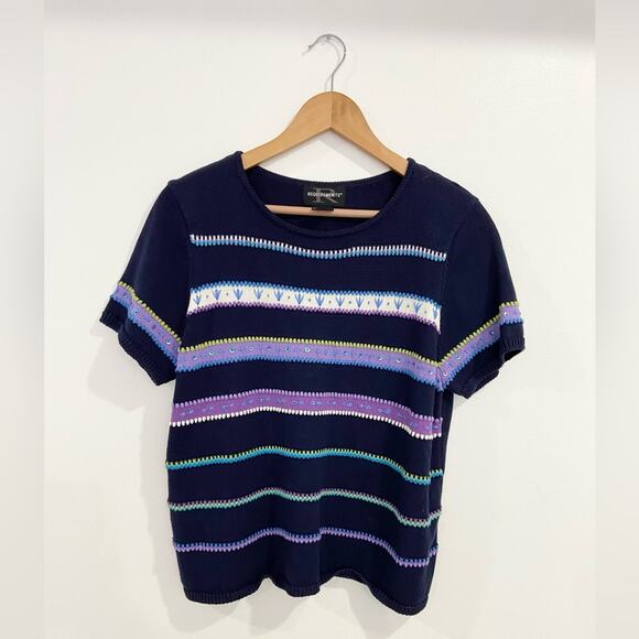 Requirements Vintage 90s Blue Purple Striped Cotton Sweater XL Cabin Cottage - Picture 1 of 4